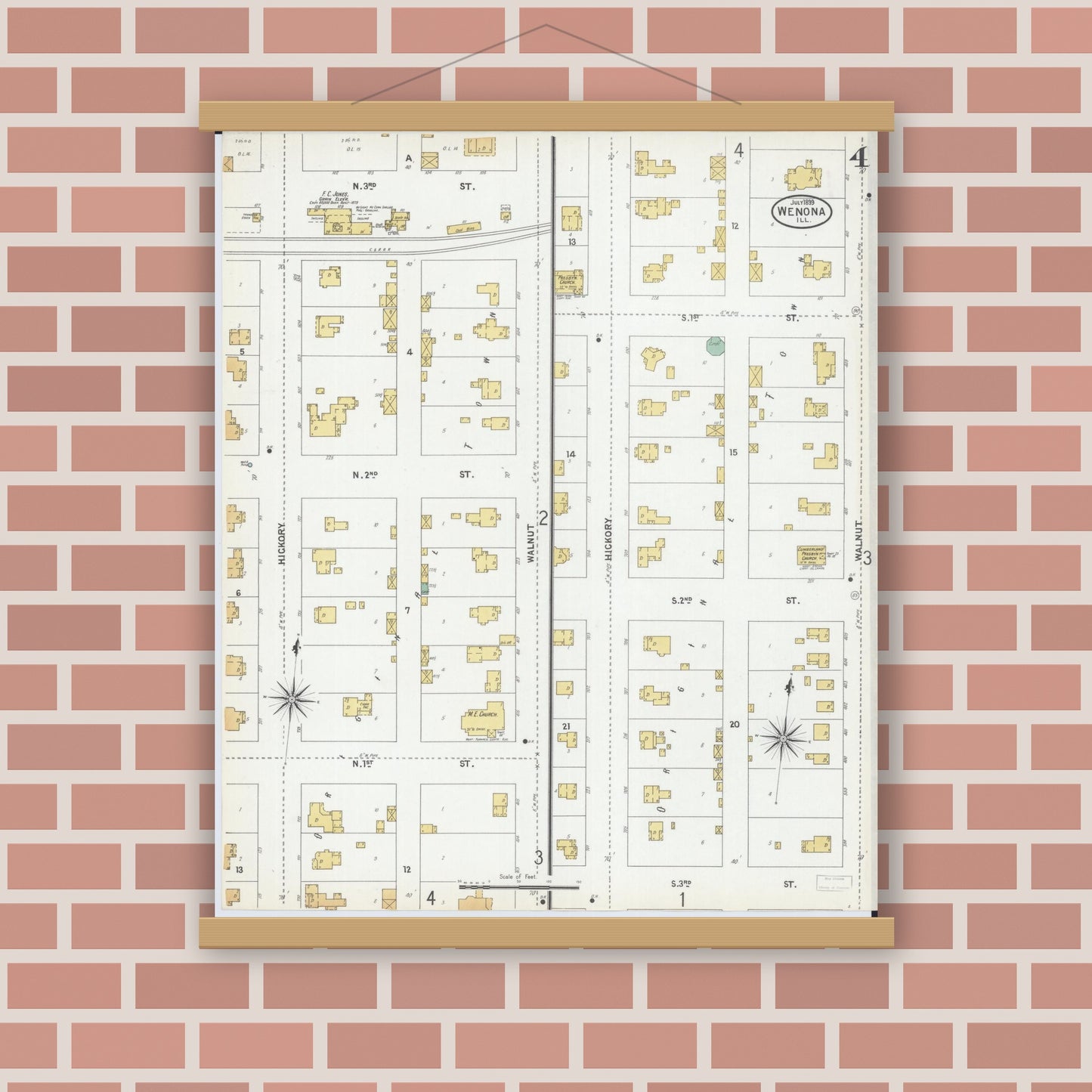 Old map wall art mockup — magnetic wood frame on brick wall — Sanborn Fire Insurance Map from Wenona, Marshall County, Illinois (1899), Sheet #0004