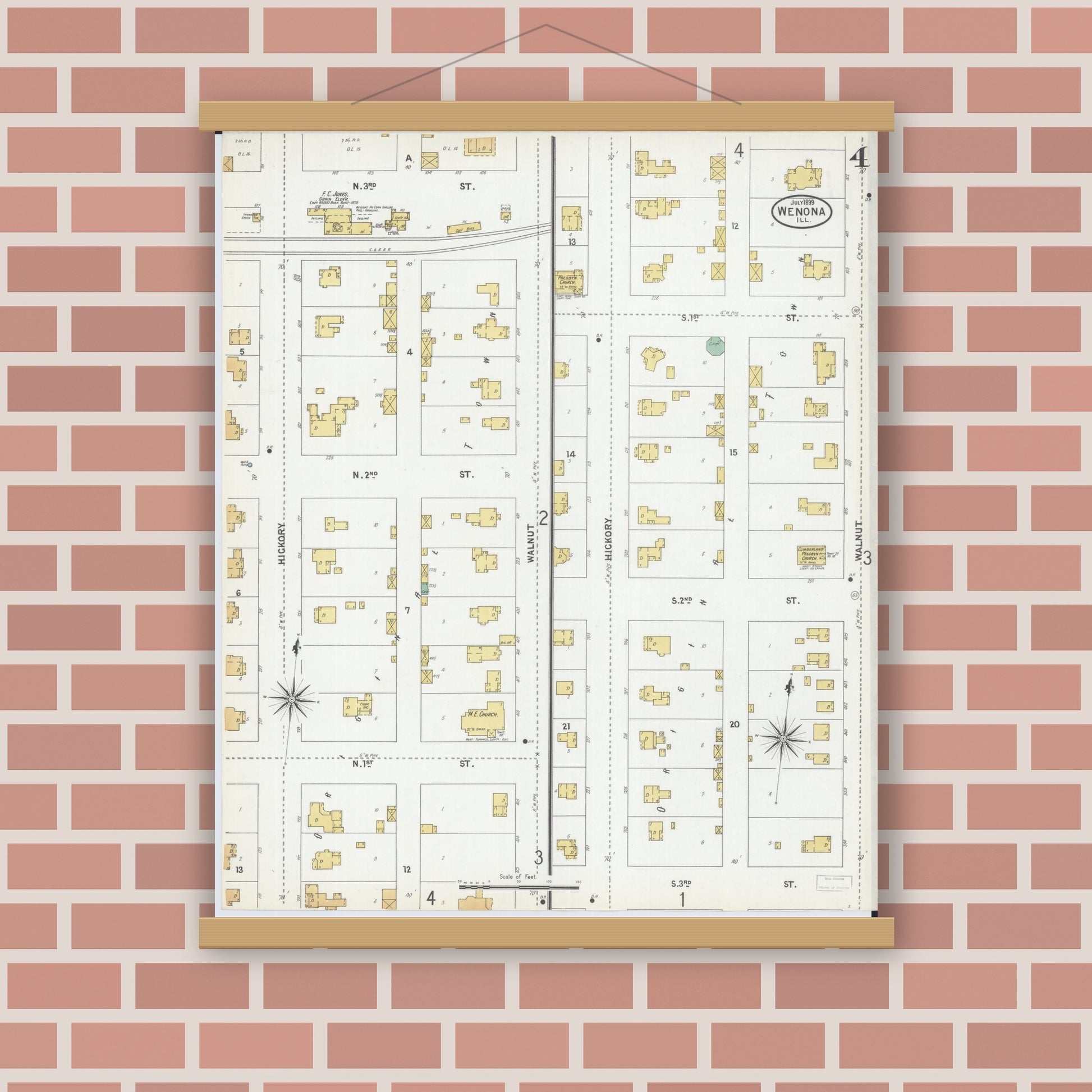 Old map wall art mockup — magnetic wood frame on brick wall — Sanborn Fire Insurance Map from Wenona, Marshall County, Illinois (1899), Sheet #0004