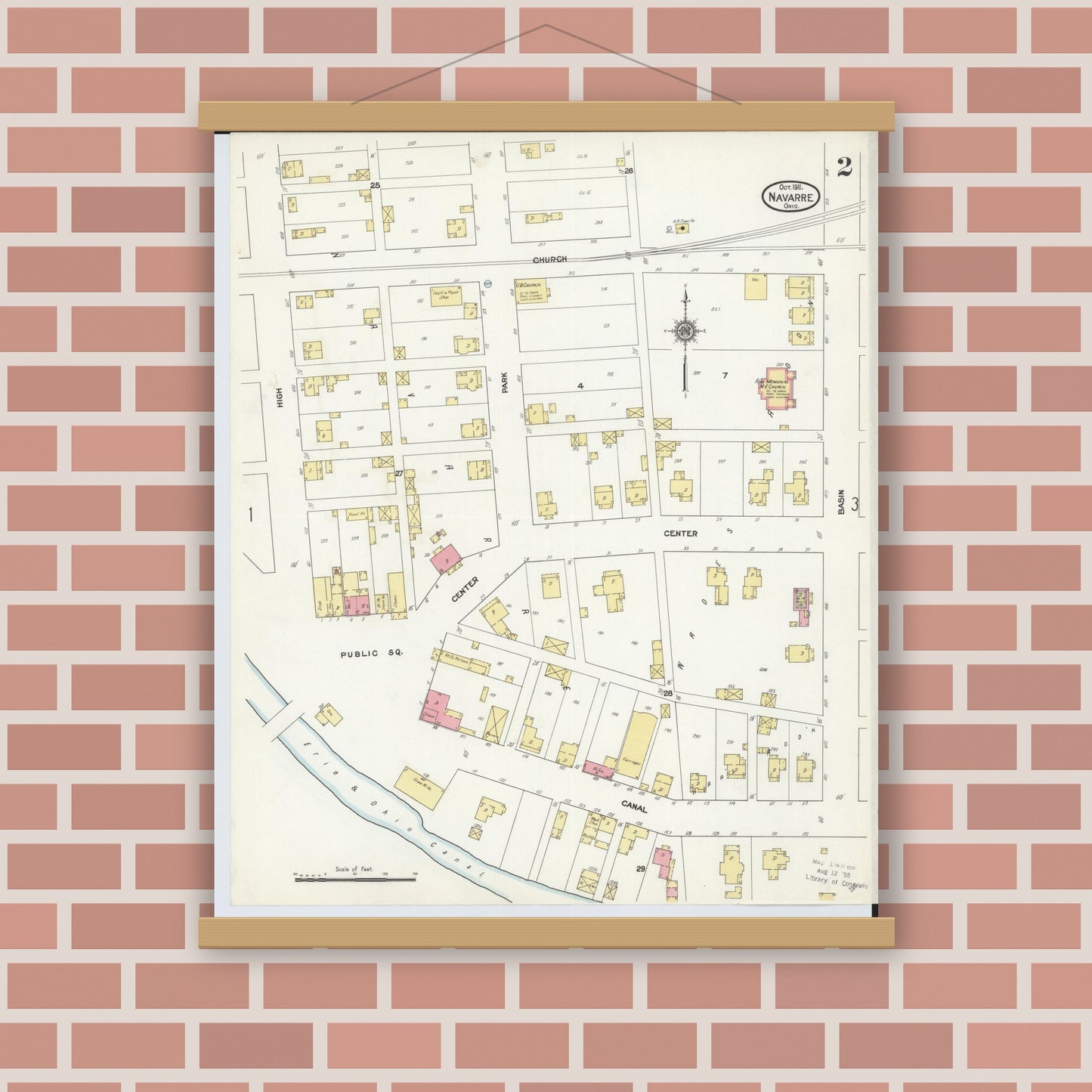 Old map wall art mockup — magnetic wood frame on brick wall — Sanborn Fire Insurance Map from Navarre, Stark County, Ohio (1911), Sheet #0002