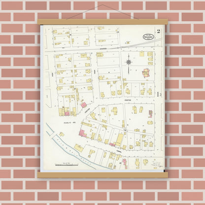 Old map wall art mockup — magnetic wood frame on brick wall — Sanborn Fire Insurance Map from Navarre, Stark County, Ohio (1911), Sheet #0002