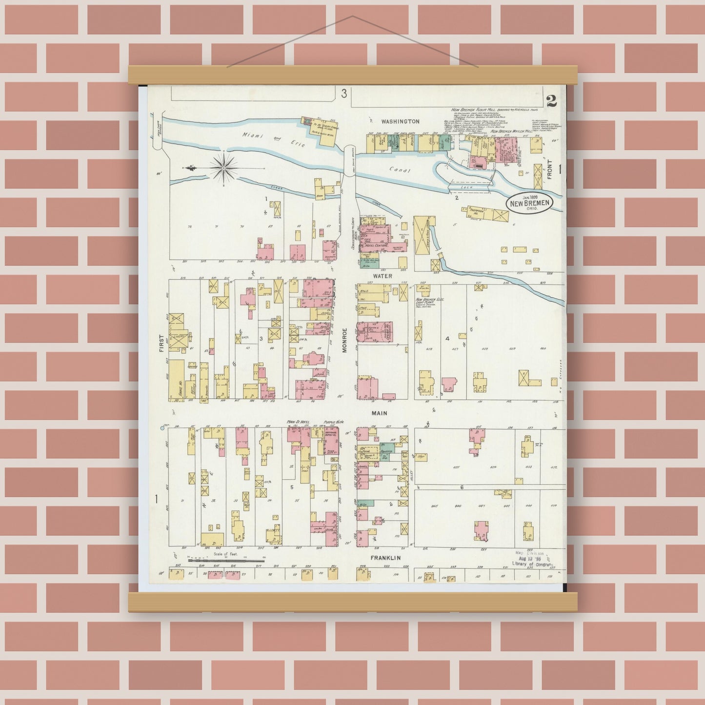 Old map wall art mockup — magnetic wood frame on brick wall — Sanborn Fire Insurance Map from New Bremen, Auglaize County, Ohio (1899), Sheet #0002