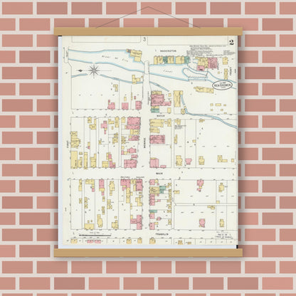 Old map wall art mockup — magnetic wood frame on brick wall — Sanborn Fire Insurance Map from New Bremen, Auglaize County, Ohio (1899), Sheet #0002