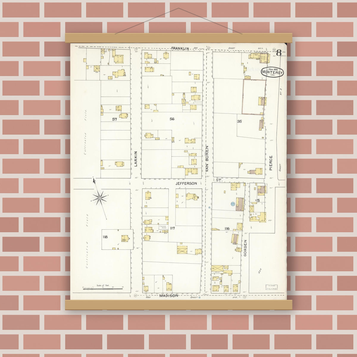 Old map wall art mockup — magnetic wood frame on brick wall — Sanborn Fire Insurance Map from Monterey, Monterey County, California (1892), Sheet #0008