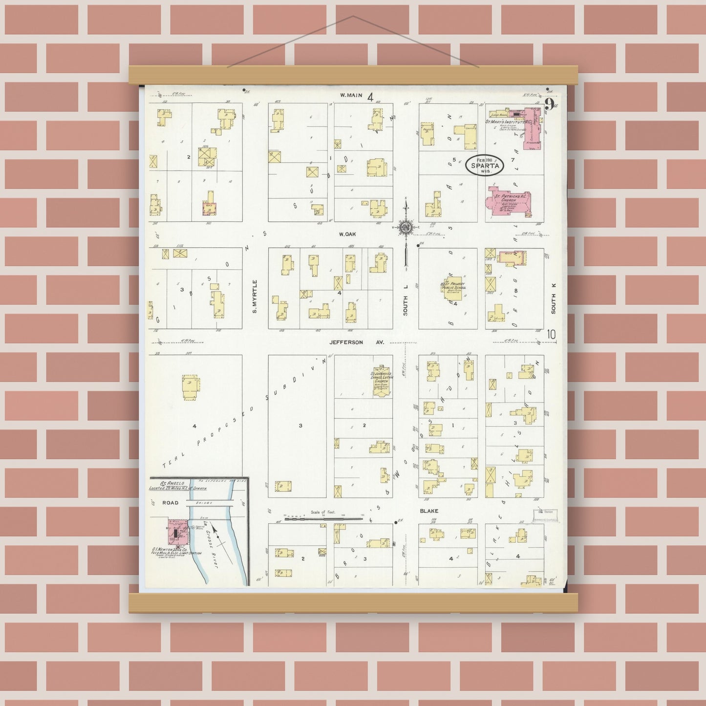 Old map wall art mockup — magnetic wood frame on brick wall — Sanborn Fire Insurance Map from Sparta, Monroe County, Wisconsin (1911), Sheet #0009