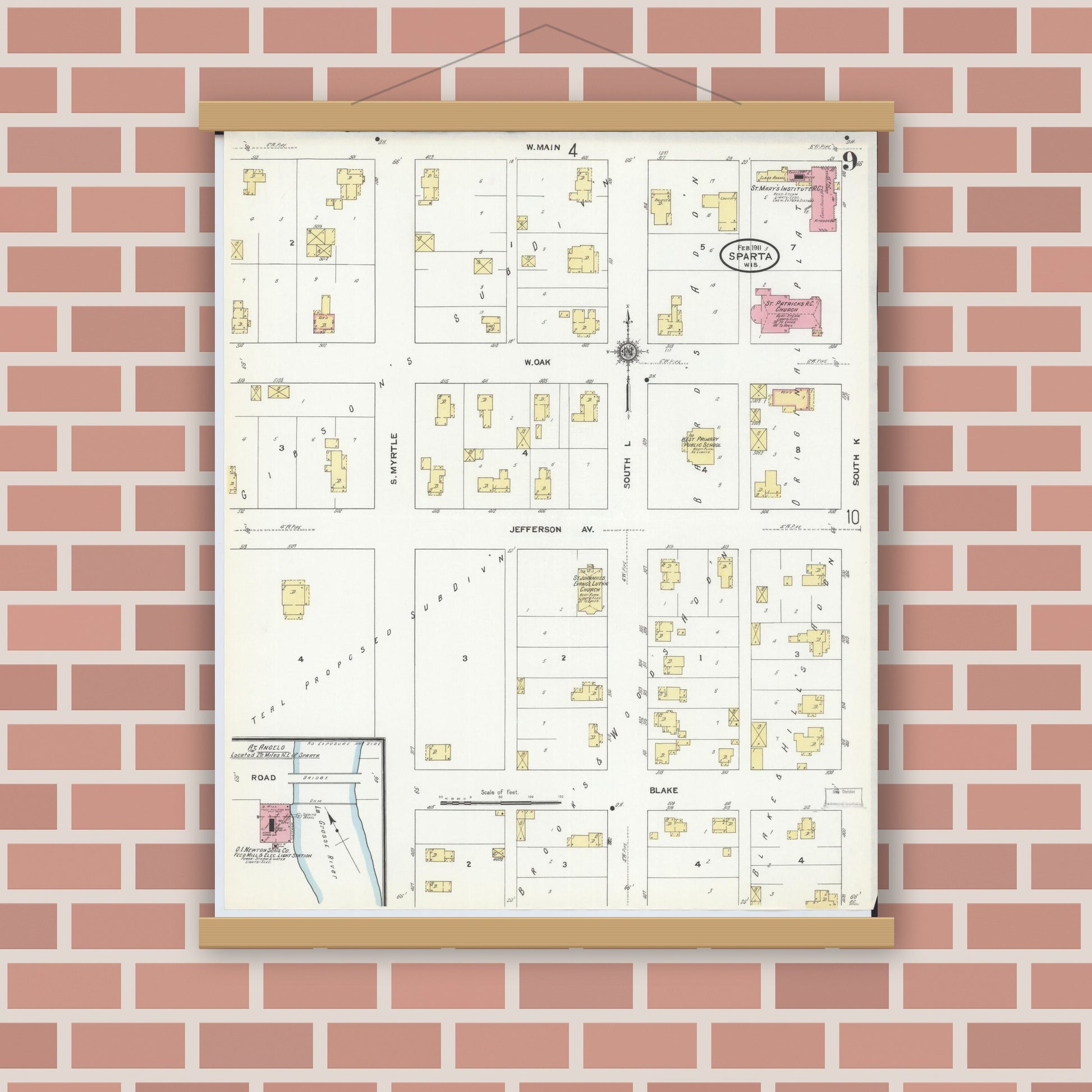 Old map wall art mockup — magnetic wood frame on brick wall — Sanborn Fire Insurance Map from Sparta, Monroe County, Wisconsin (1911), Sheet #0009