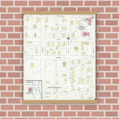 Old map wall art mockup — magnetic wood frame on brick wall — Sanborn Fire Insurance Map from Sparta, Monroe County, Wisconsin (1911), Sheet #0009