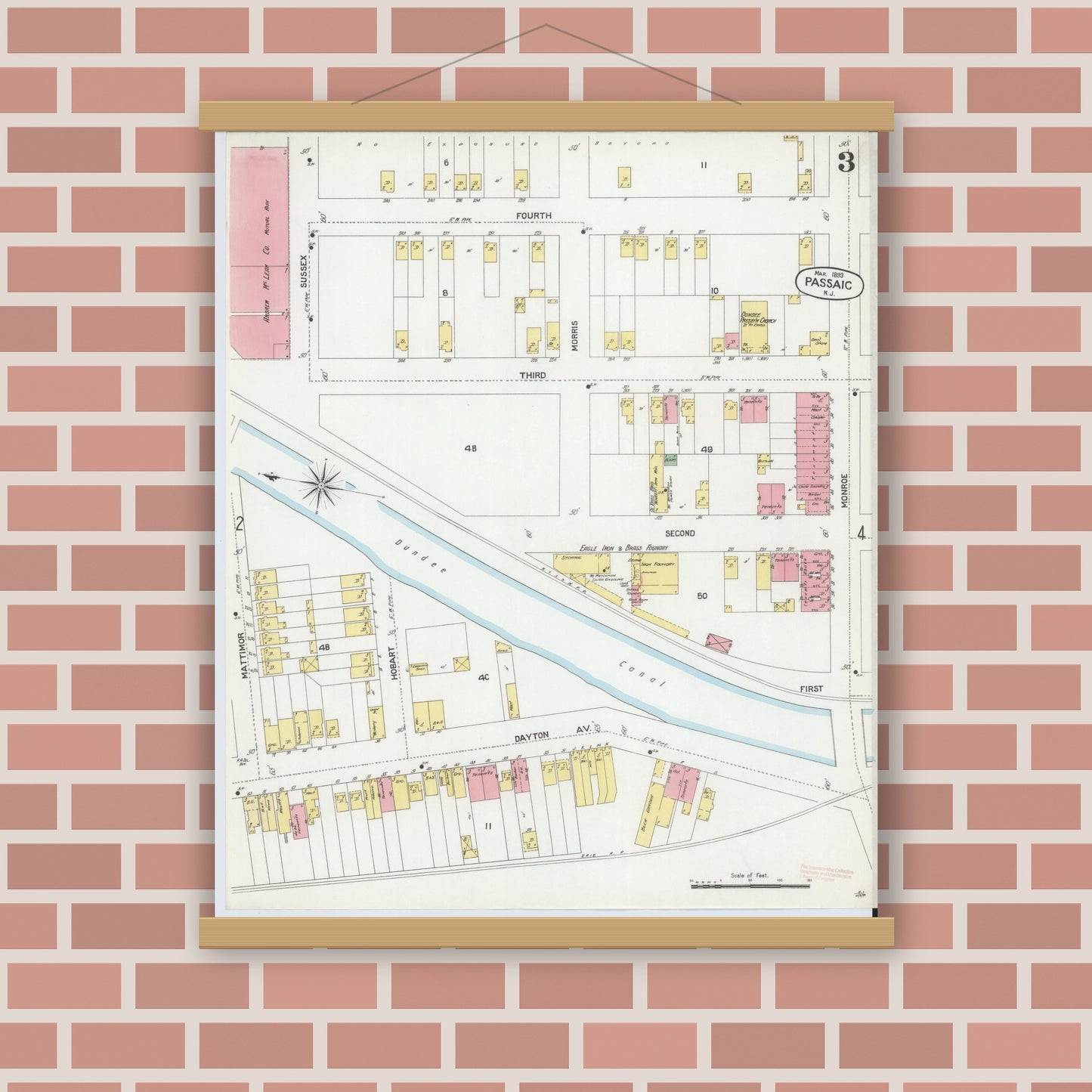 Old map wall art mockup — magnetic wood frame on brick wall — Sanborn Fire Insurance Map from Passaic, Passaic County, New Jersey (1899), Sheet #0003