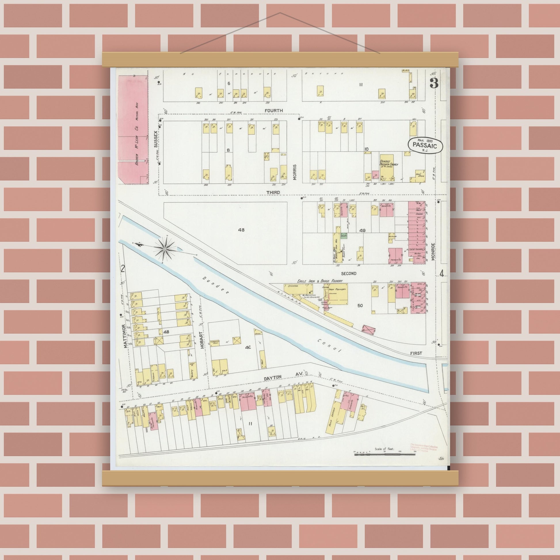 Old map wall art mockup — magnetic wood frame on brick wall — Sanborn Fire Insurance Map from Passaic, Passaic County, New Jersey (1899), Sheet #0003
