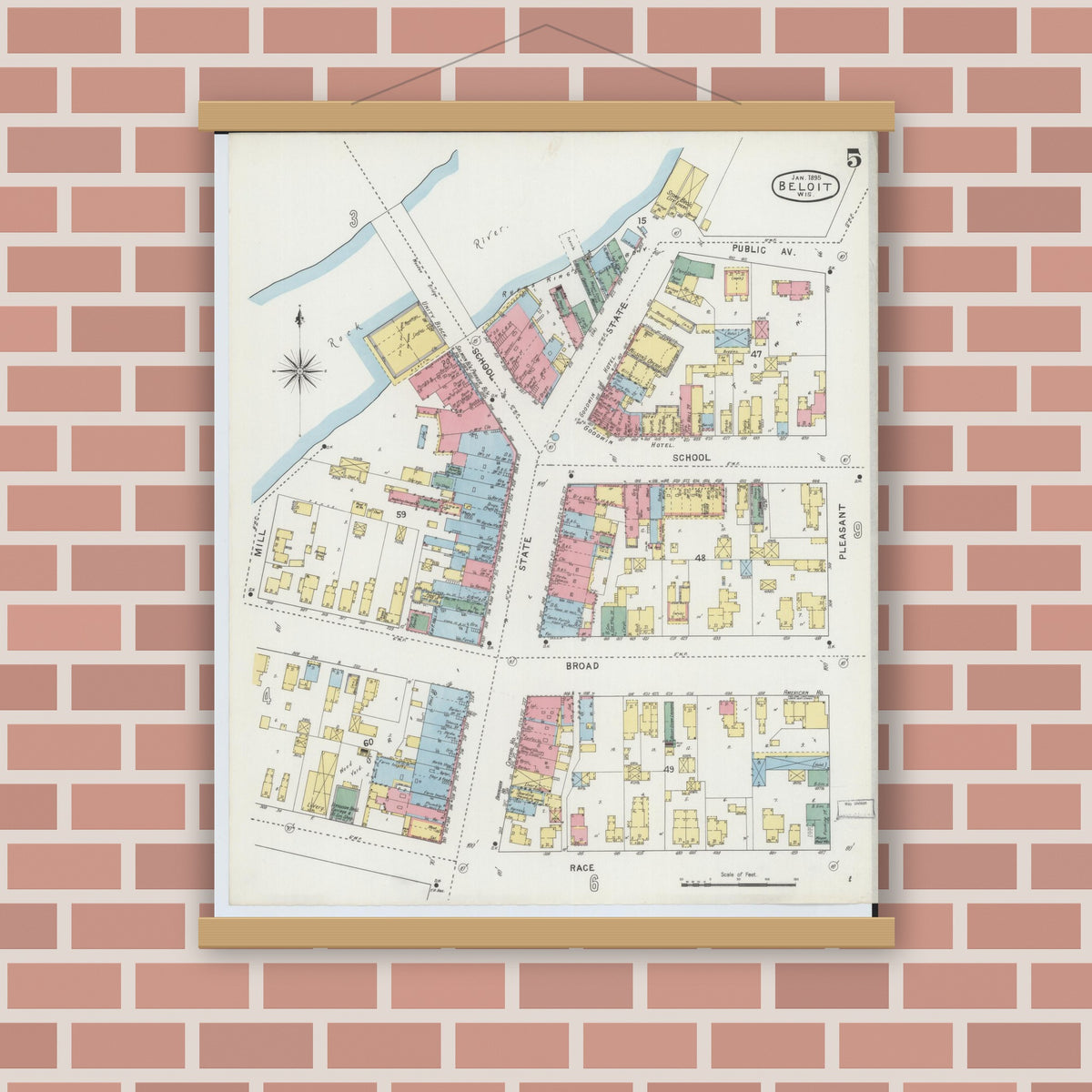 Old map wall art mockup — magnetic wood frame on brick wall — Sanborn Fire Insurance Map from Beloit, Rock County, Wisconsin (1895), Sheet #0005