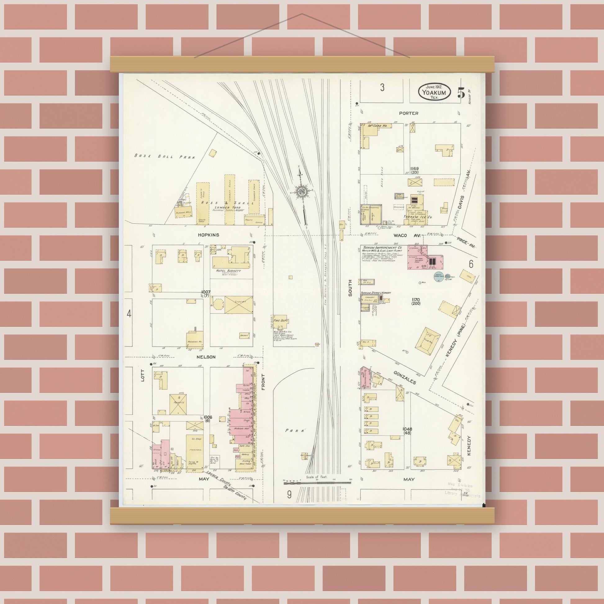 Old map wall art mockup — magnetic wood frame on brick wall — Sanborn Fire Insurance Map from Yoakum, De Witt And Lavaca Counties, Texas (1912), Sheet #0005