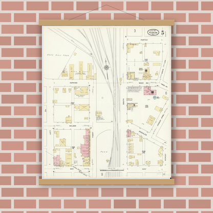 Old map wall art mockup — magnetic wood frame on brick wall — Sanborn Fire Insurance Map from Yoakum, De Witt And Lavaca Counties, Texas (1912), Sheet #0005