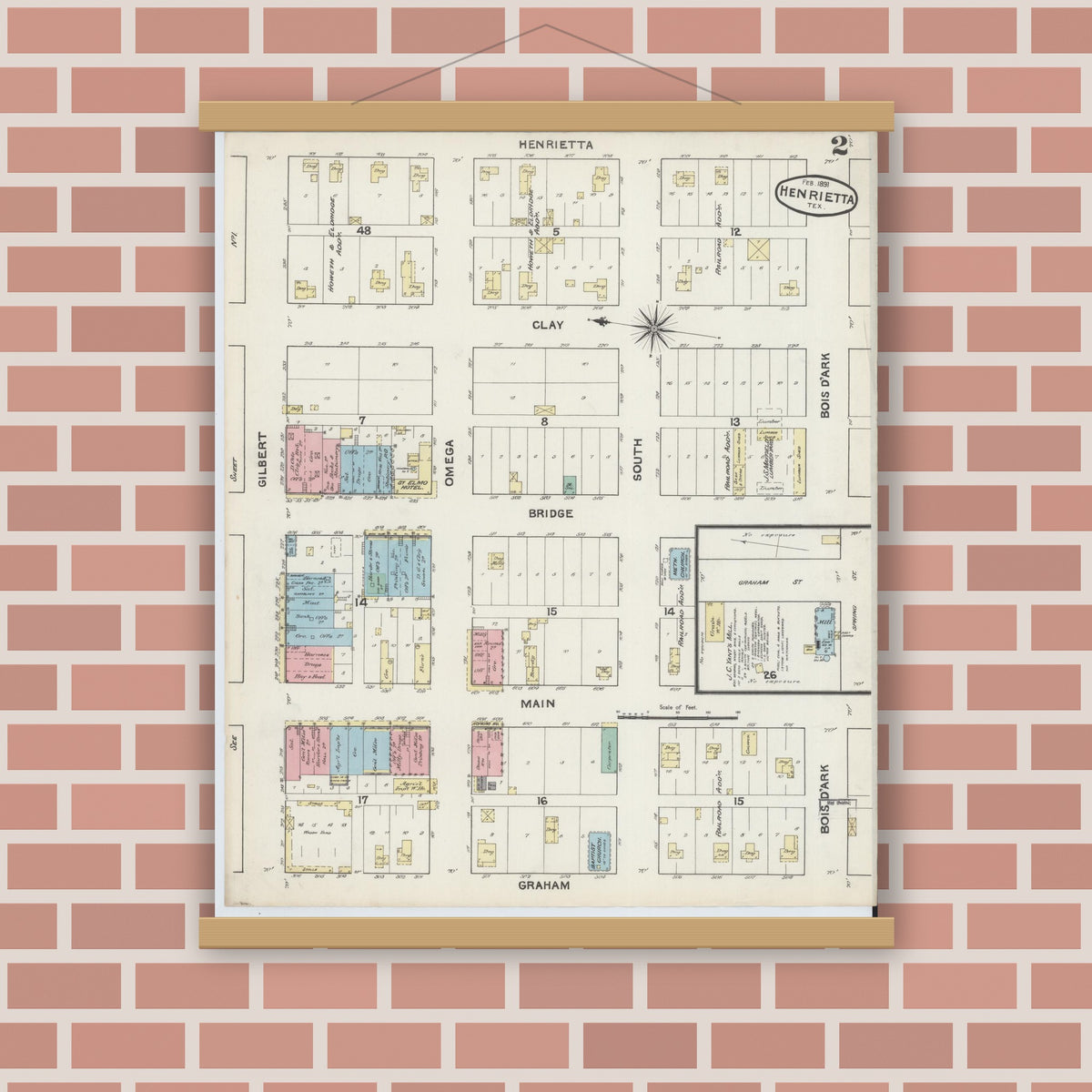 Old map wall art mockup — magnetic wood frame on brick wall — Sanborn Fire Insurance Map from Henrietta, Clay County, Texas (1891), Sheet #0002