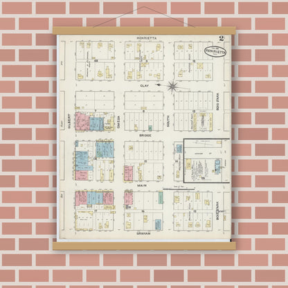 Old map wall art mockup — magnetic wood frame on brick wall — Sanborn Fire Insurance Map from Henrietta, Clay County, Texas (1891), Sheet #0002