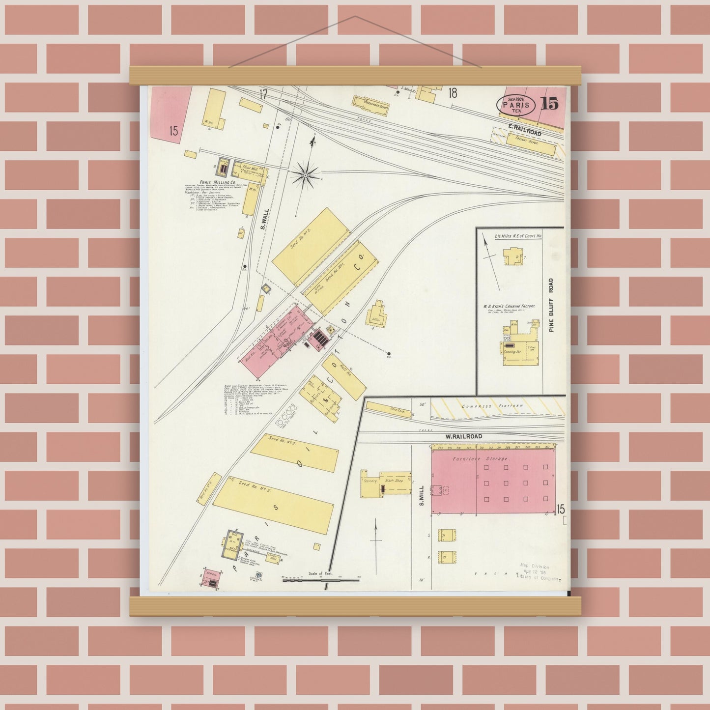 Old map wall art mockup — magnetic wood frame on brick wall — Sanborn Fire Insurance Map from Paris, Lamar County, Texas (1902), Sheet #0015