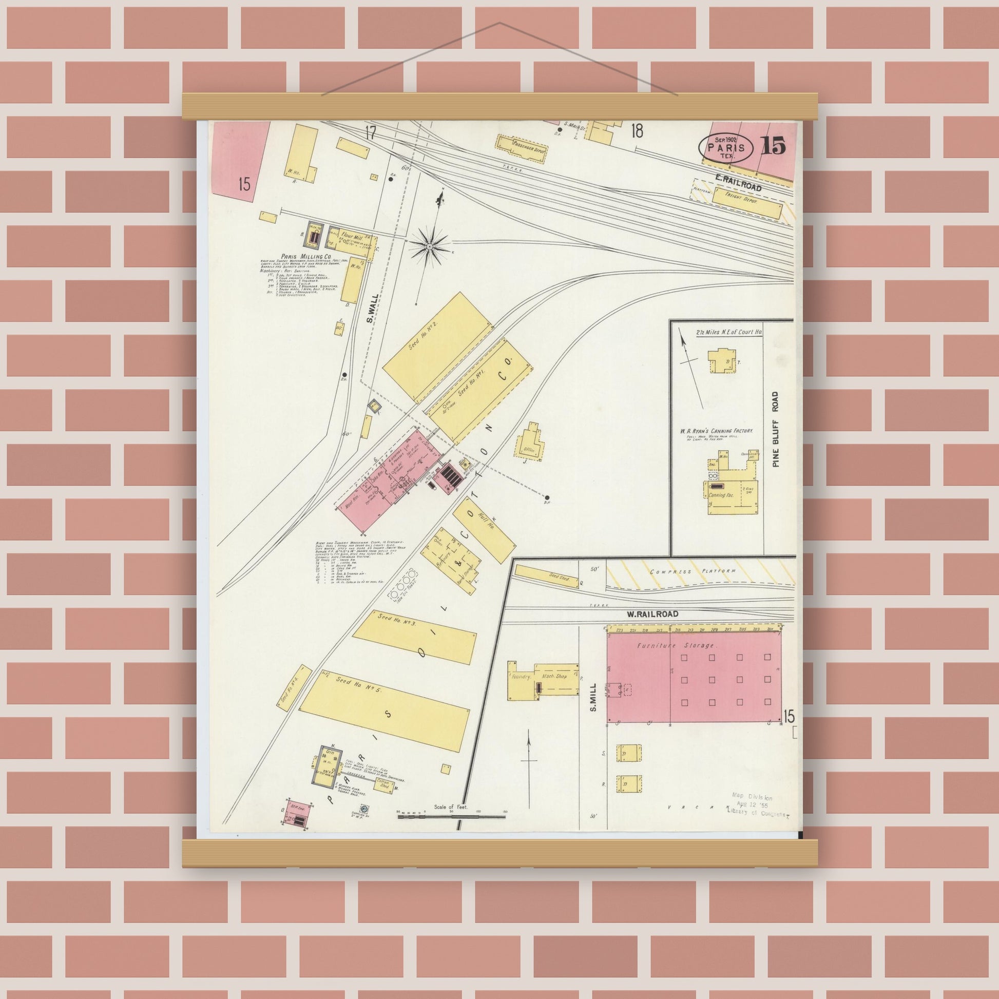 Old map wall art mockup — magnetic wood frame on brick wall — Sanborn Fire Insurance Map from Paris, Lamar County, Texas (1902), Sheet #0015
