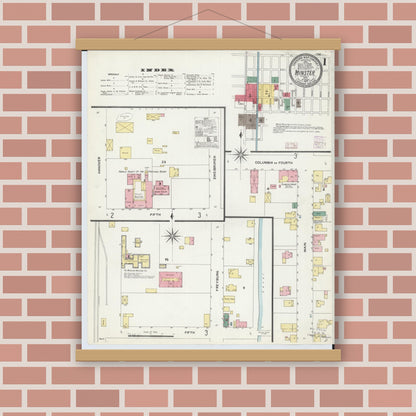 Old map wall art mockup — magnetic wood frame on brick wall — Sanborn Fire Insurance Map from Minster, Auglaize County, Ohio (1907) - Complete Map Set