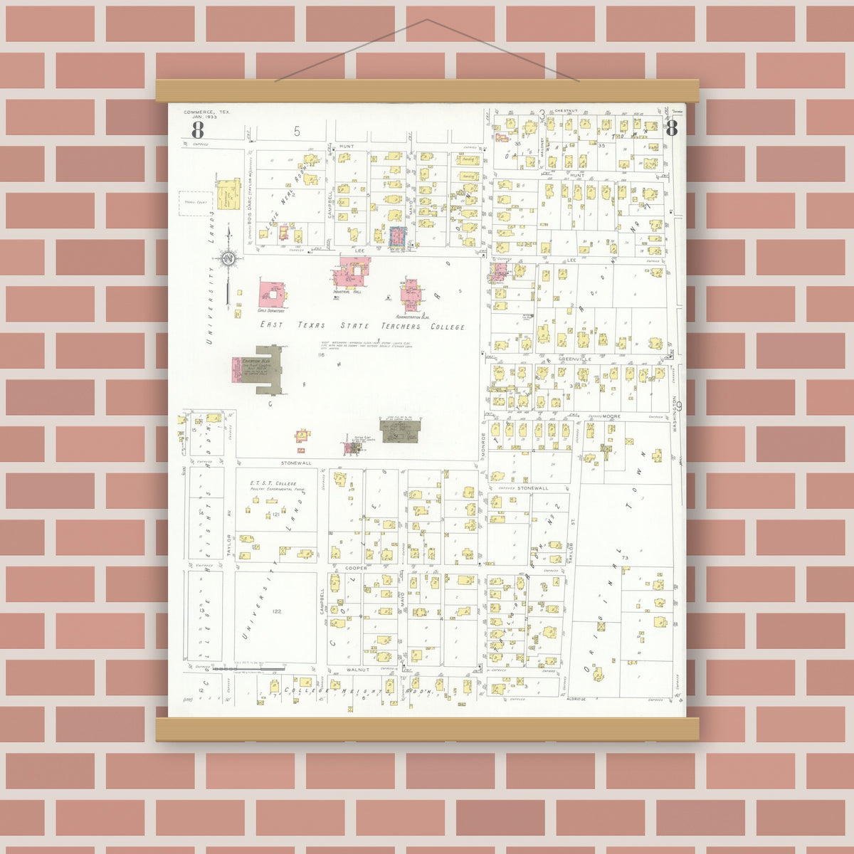 Old map wall art mockup — magnetic wood frame on brick wall — Sanborn Fire Insurance Map from Commerce, Hunt County, Texas (1933), Sheet #0008