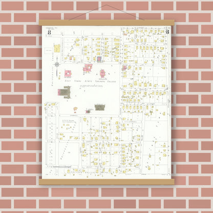 Old map wall art mockup — magnetic wood frame on brick wall — Sanborn Fire Insurance Map from Commerce, Hunt County, Texas (1933), Sheet #0008