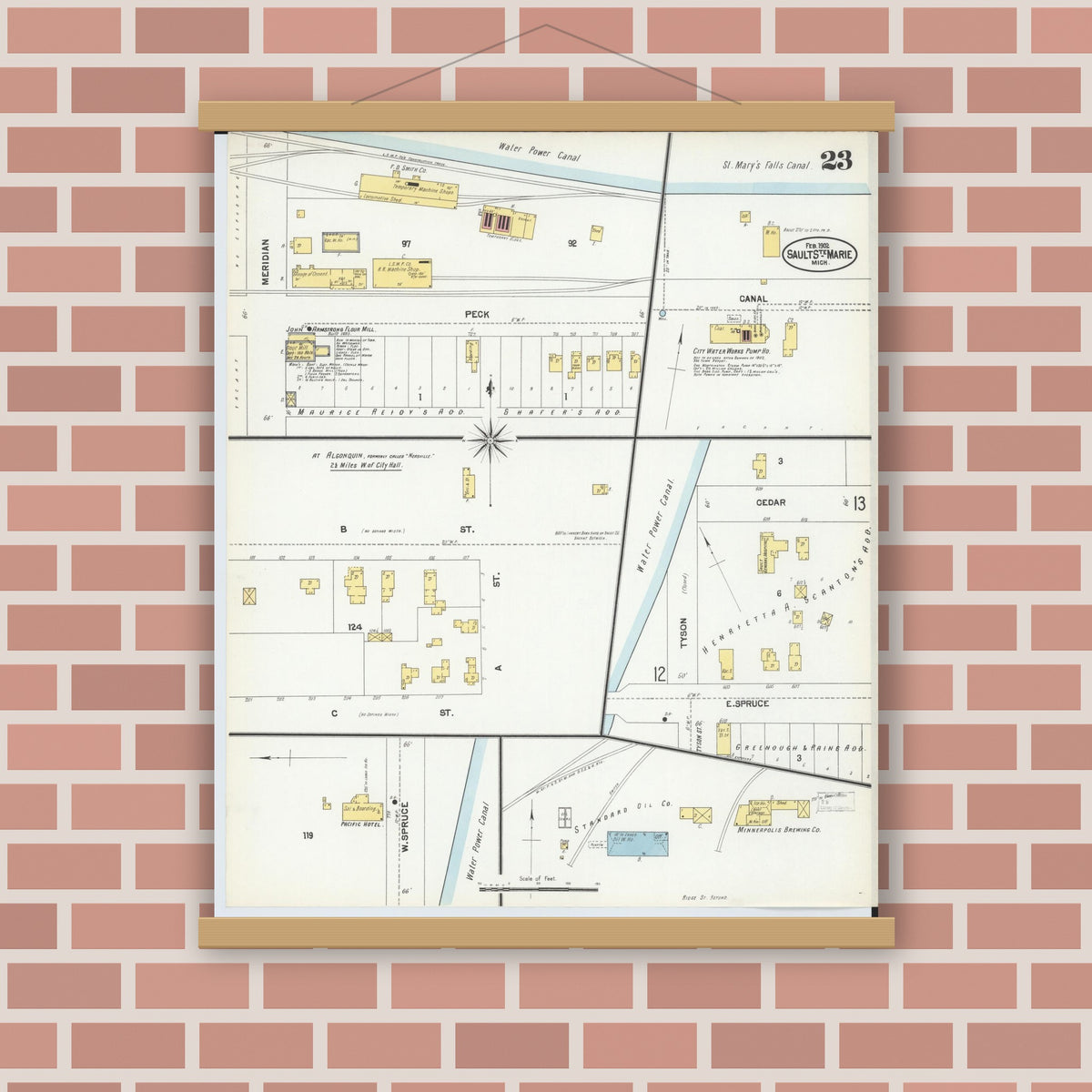 Old map wall art mockup — magnetic wood frame on brick wall — Sanborn Fire Insurance Map from Sault Sainte Marie, Chippewa County, Michigan (1902), Sheet #0023
