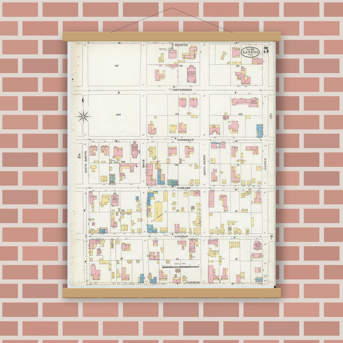 Old map wall art mockup — magnetic wood frame on brick wall — Sanborn Fire Insurance Map from Laredo, Webb County, Texas (1905), Sheet #0005