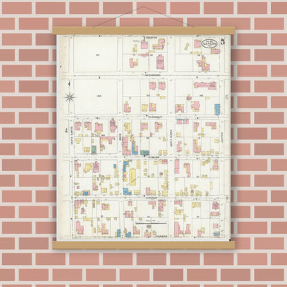 Old map wall art mockup — magnetic wood frame on brick wall — Sanborn Fire Insurance Map from Laredo, Webb County, Texas (1905), Sheet #0005