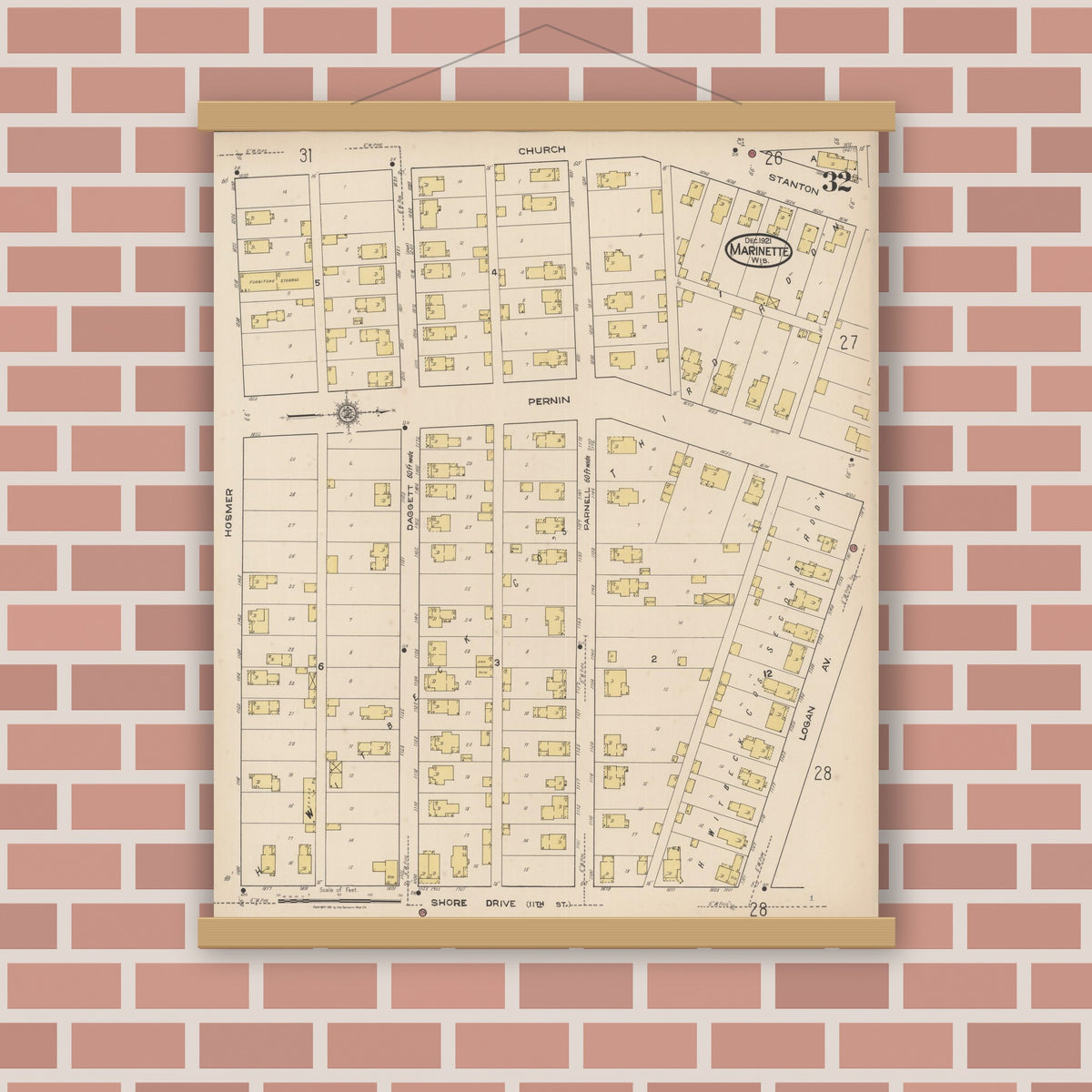 Old map wall art mockup — magnetic wood frame on brick wall — Sanborn Fire Insurance Map from Marinette, Marinette County, Wisconsin (1921), Sheet #0032