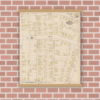 Old map wall art mockup — magnetic wood frame on brick wall — Sanborn Fire Insurance Map from Marinette, Marinette County, Wisconsin (1921), Sheet #0032