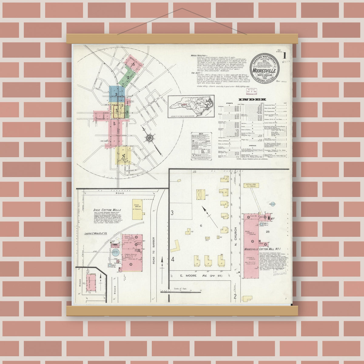 Old map wall art mockup — magnetic wood frame on brick wall — Sanborn Fire Insurance Map from Mooresville, Iredell County, North Carolina (1914), Sheet #0001