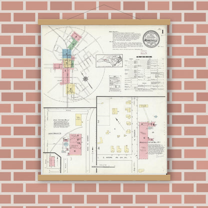 Old map wall art mockup — magnetic wood frame on brick wall — Sanborn Fire Insurance Map from Mooresville, Iredell County, North Carolina (1914), Sheet #0001
