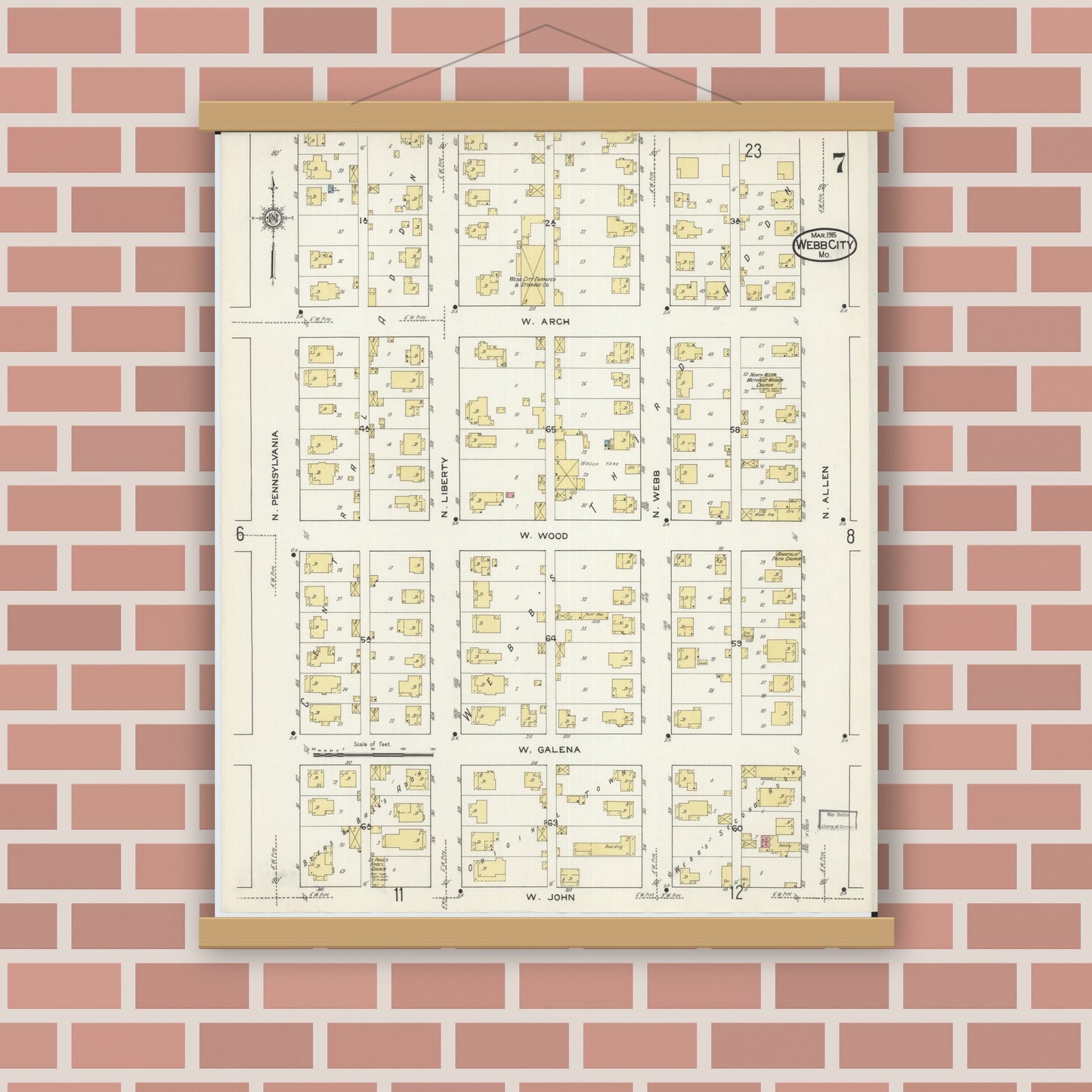 Old map wall art mockup — magnetic wood frame on brick wall — Sanborn Fire Insurance Map from Webb City, Jasper County, Missouri (1915), Sheet #0007