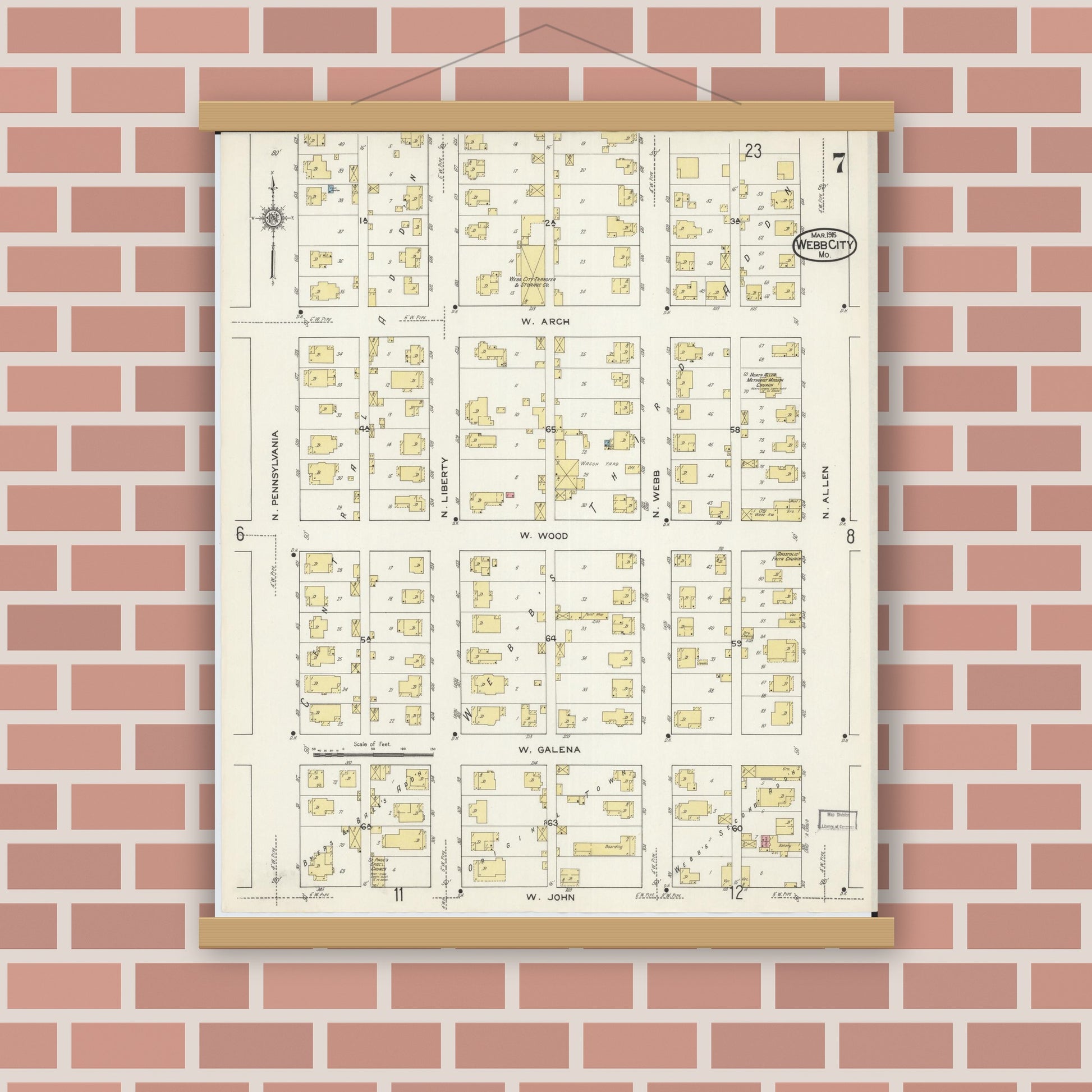 Old map wall art mockup — magnetic wood frame on brick wall — Sanborn Fire Insurance Map from Webb City, Jasper County, Missouri (1915), Sheet #0007