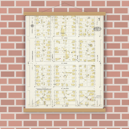 Old map wall art mockup — magnetic wood frame on brick wall — Sanborn Fire Insurance Map from Webb City, Jasper County, Missouri (1915), Sheet #0007