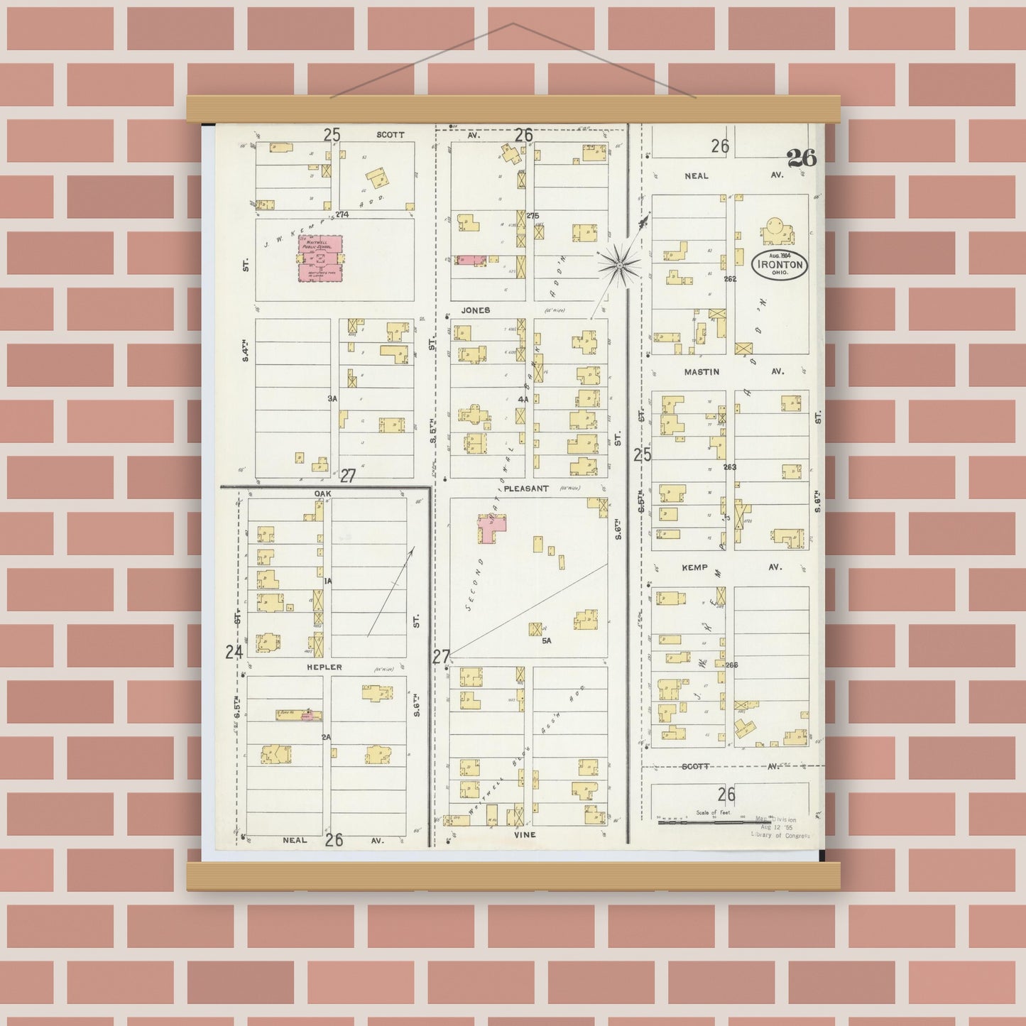Old map wall art mockup — magnetic wood frame on brick wall — Sanborn Fire Insurance Map from Ironton, Lawrence County, Ohio (1904), Sheet #0026