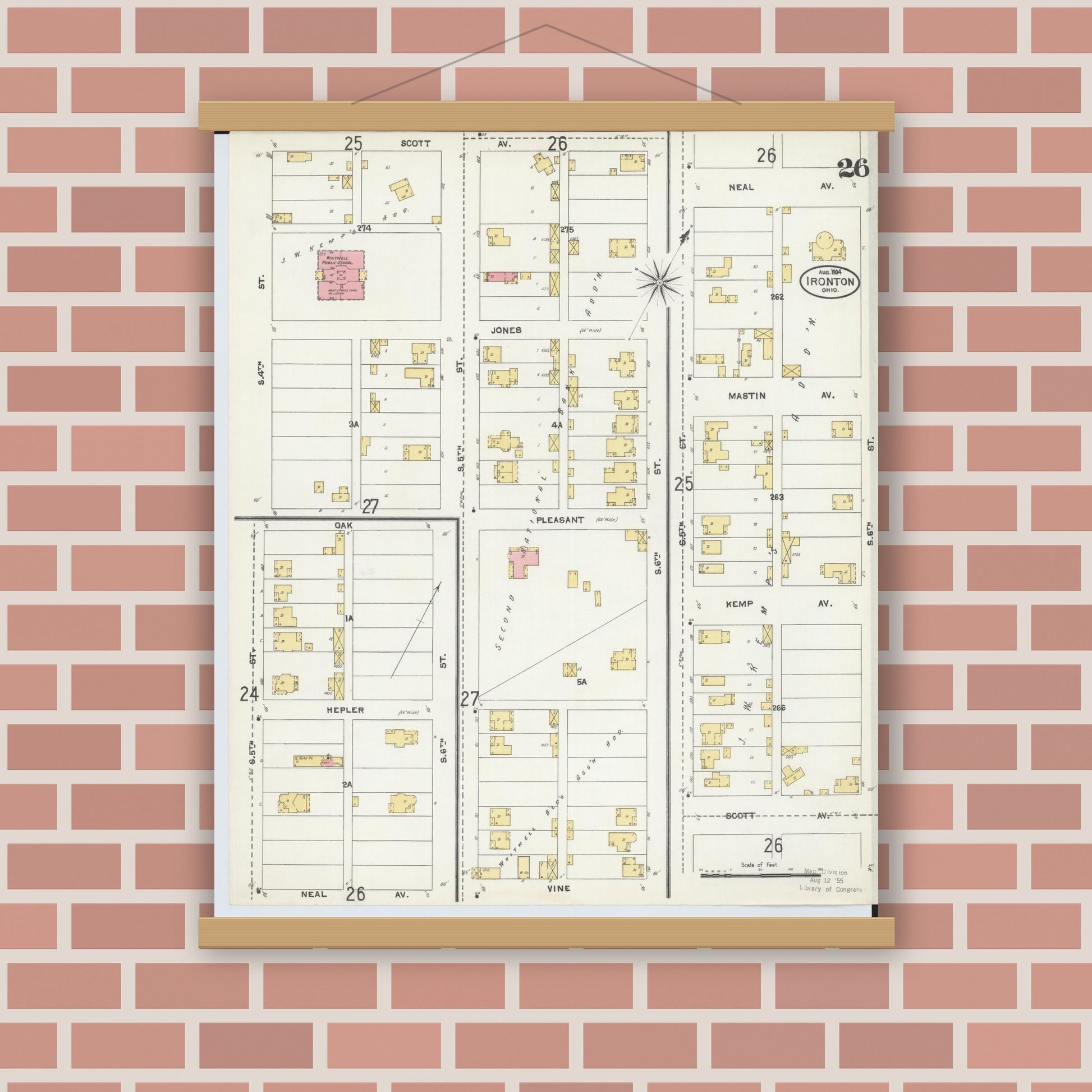 Old map wall art mockup — magnetic wood frame on brick wall — Sanborn Fire Insurance Map from Ironton, Lawrence County, Ohio (1904), Sheet #0026