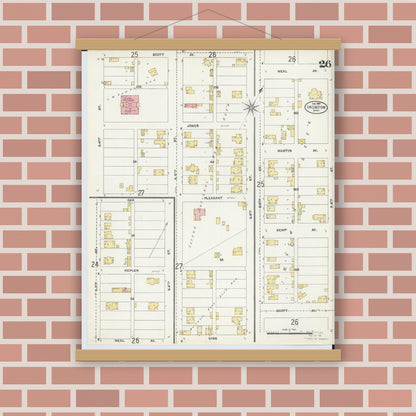 Old map wall art mockup — magnetic wood frame on brick wall — Sanborn Fire Insurance Map from Ironton, Lawrence County, Ohio (1904), Sheet #0026