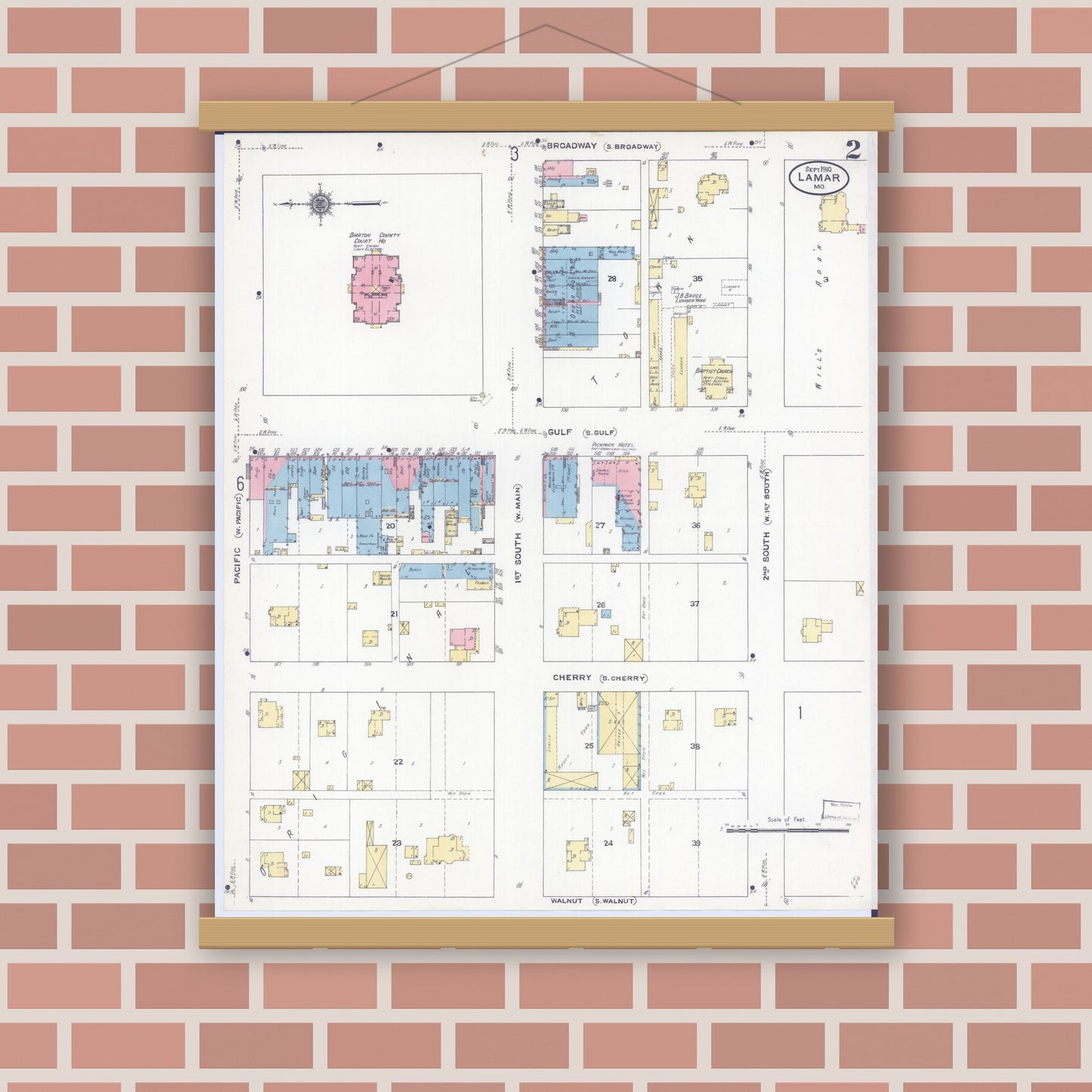 Old map wall art mockup — magnetic wood frame on brick wall — Sanborn Fire Insurance Map from Lamar, Barton County, Missouri (1910), Sheet #0002