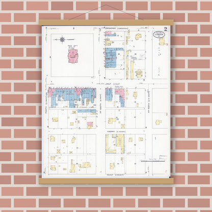 Old map wall art mockup — magnetic wood frame on brick wall — Sanborn Fire Insurance Map from Lamar, Barton County, Missouri (1910), Sheet #0002
