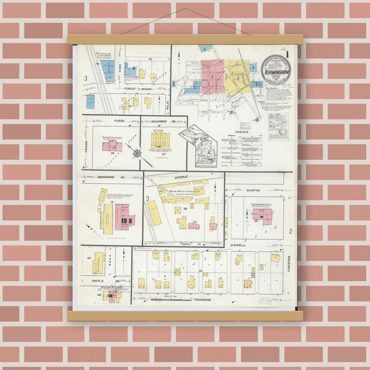 Old map wall art mockup — magnetic wood frame on brick wall — Sanborn Fire Insurance Map from Birmingham, Oakland County, Michigan (1915) - Complete Map Set
