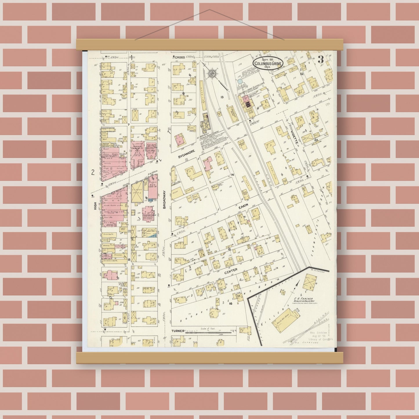 Old map wall art mockup — magnetic wood frame on brick wall — Sanborn Fire Insurance Map from Columbus Grove, Putnam County, Ohio (1911), Sheet #0003