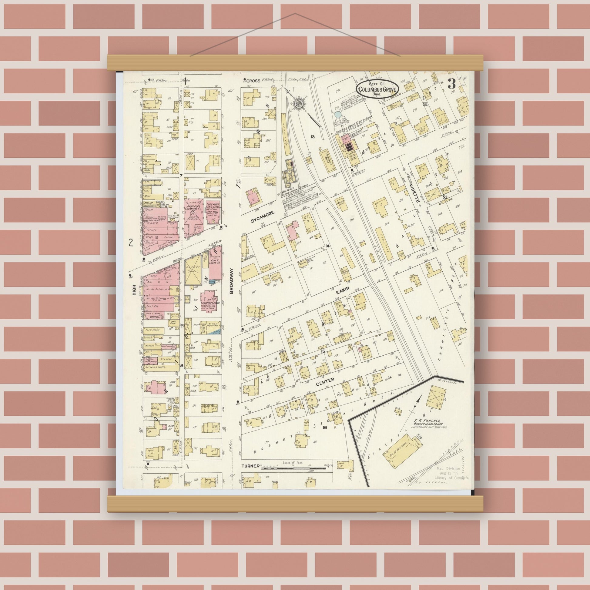Old map wall art mockup — magnetic wood frame on brick wall — Sanborn Fire Insurance Map from Columbus Grove, Putnam County, Ohio (1911), Sheet #0003