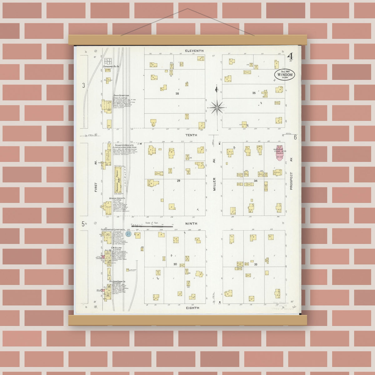 Old map wall art mockup — magnetic wood frame on brick wall — Sanborn Fire Insurance Map from Windom, Cottonwood County, Minnesota (1907), Sheet #0004