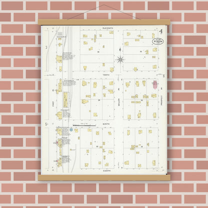 Old map wall art mockup — magnetic wood frame on brick wall — Sanborn Fire Insurance Map from Windom, Cottonwood County, Minnesota (1907), Sheet #0004
