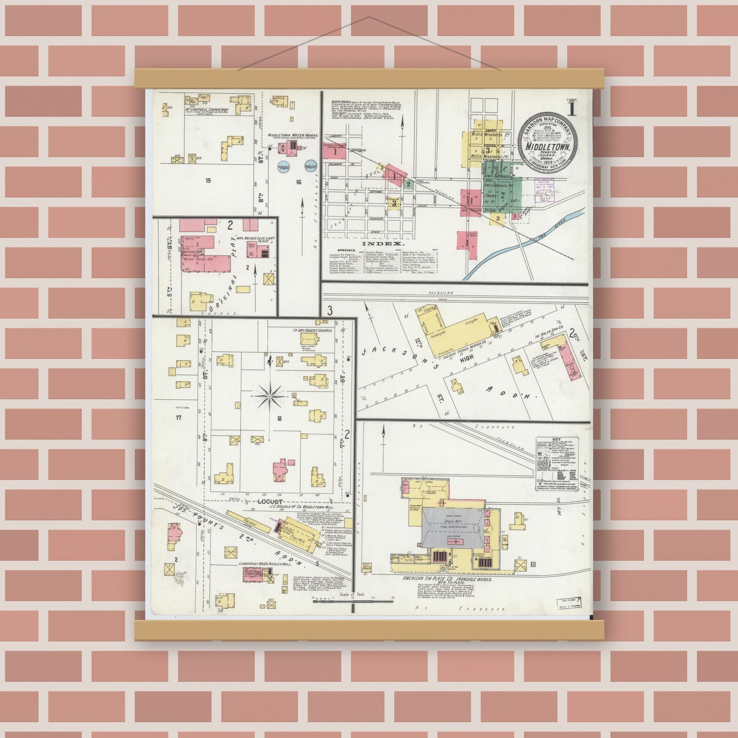 Old map wall art mockup — magnetic wood frame on brick wall — Sanborn Fire Insurance Map from Middletown, Henry County, Indiana (1902) - Complete Map Set