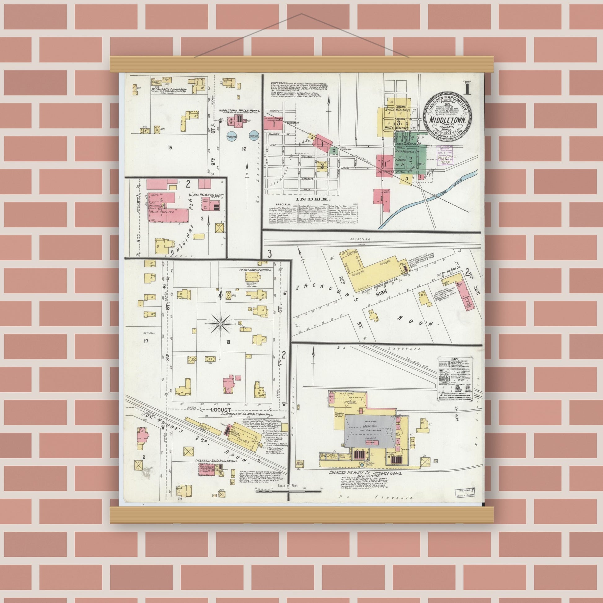Old map wall art mockup — magnetic wood frame on brick wall — Sanborn Fire Insurance Map from Middletown, Henry County, Indiana (1902) - Complete Map Set
