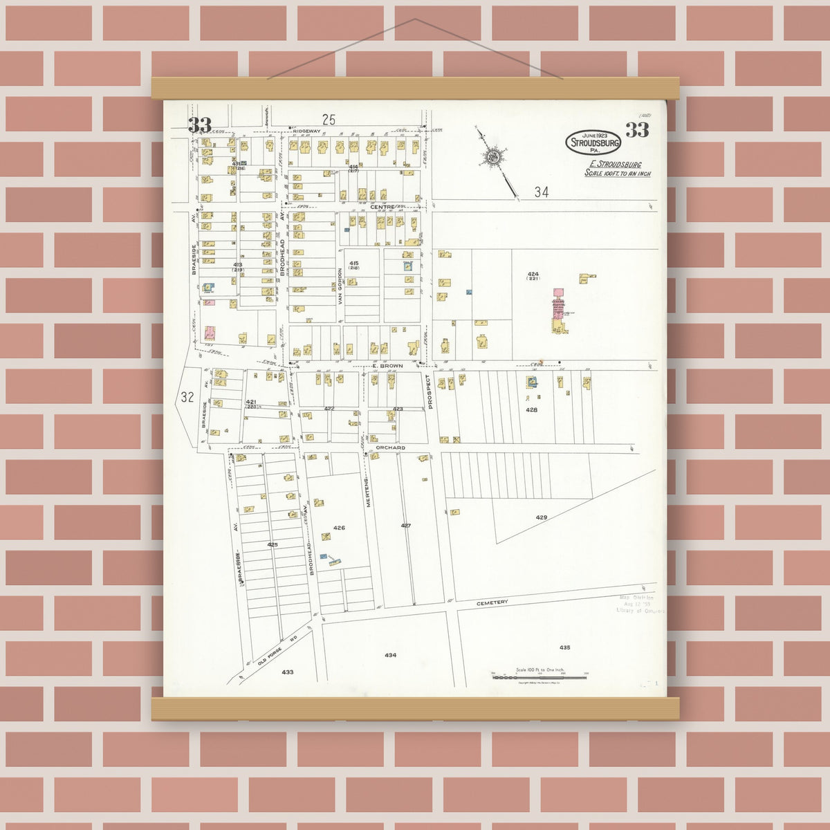 Old map wall art mockup — magnetic wood frame on brick wall — Sanborn Fire Insurance Map from Stroudsburg, Monroe County, Pennsylvania (1923), Sheet #0033