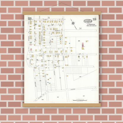 Old map wall art mockup — magnetic wood frame on brick wall — Sanborn Fire Insurance Map from Stroudsburg, Monroe County, Pennsylvania (1923), Sheet #0033