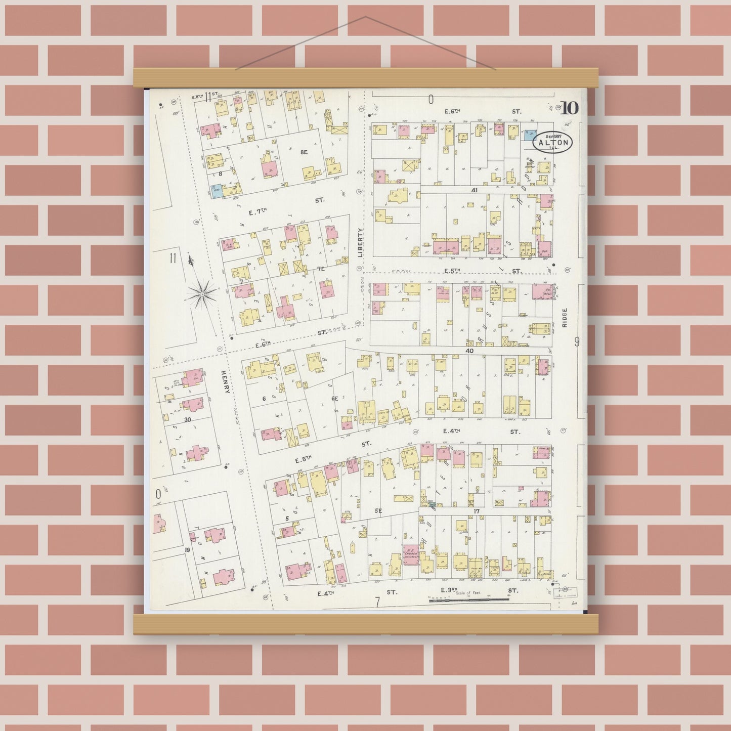 Old map wall art mockup — magnetic wood frame on brick wall — Sanborn Fire Insurance Map from Alton, Madison County, Illinois (1897), Sheet #0010