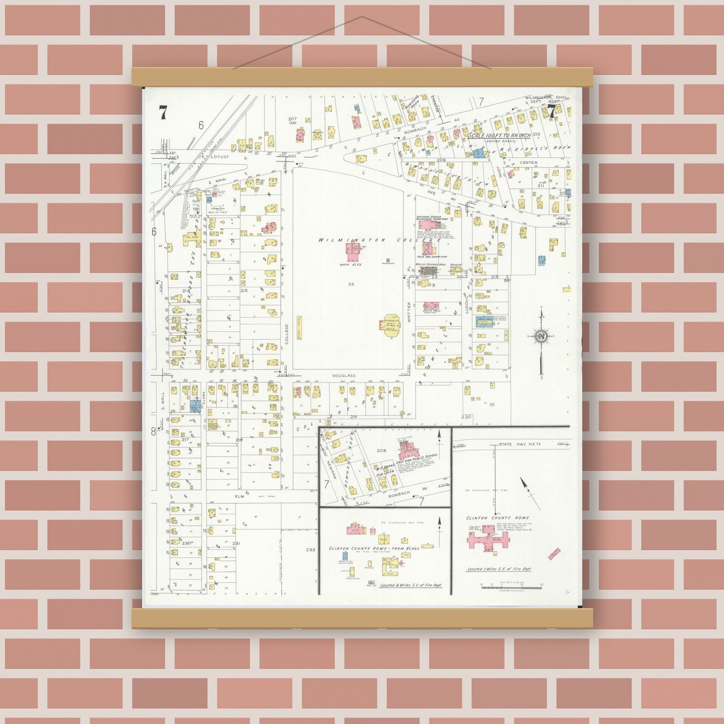 Old map wall art mockup — magnetic wood frame on brick wall — Sanborn Fire Insurance Map from Wilmington, Clinton County, Ohio (1933), Sheet #0007