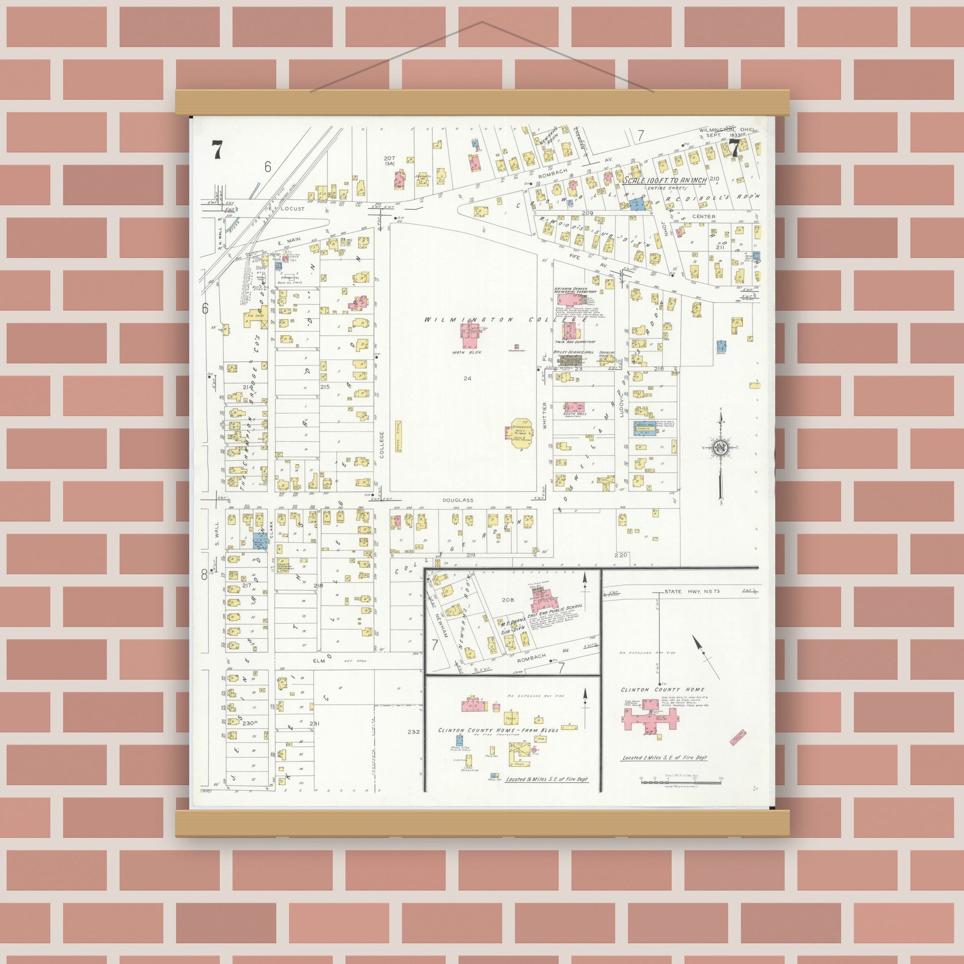 Old map wall art mockup — magnetic wood frame on brick wall — Sanborn Fire Insurance Map from Wilmington, Clinton County, Ohio (1933), Sheet #0007