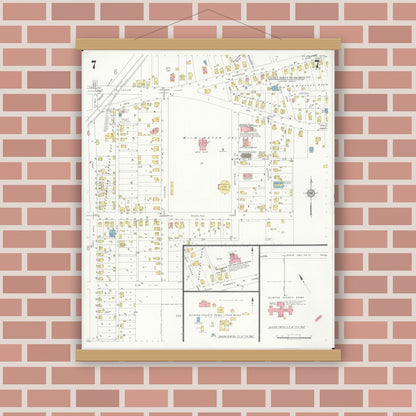 Old map wall art mockup — magnetic wood frame on brick wall — Sanborn Fire Insurance Map from Wilmington, Clinton County, Ohio (1933), Sheet #0007